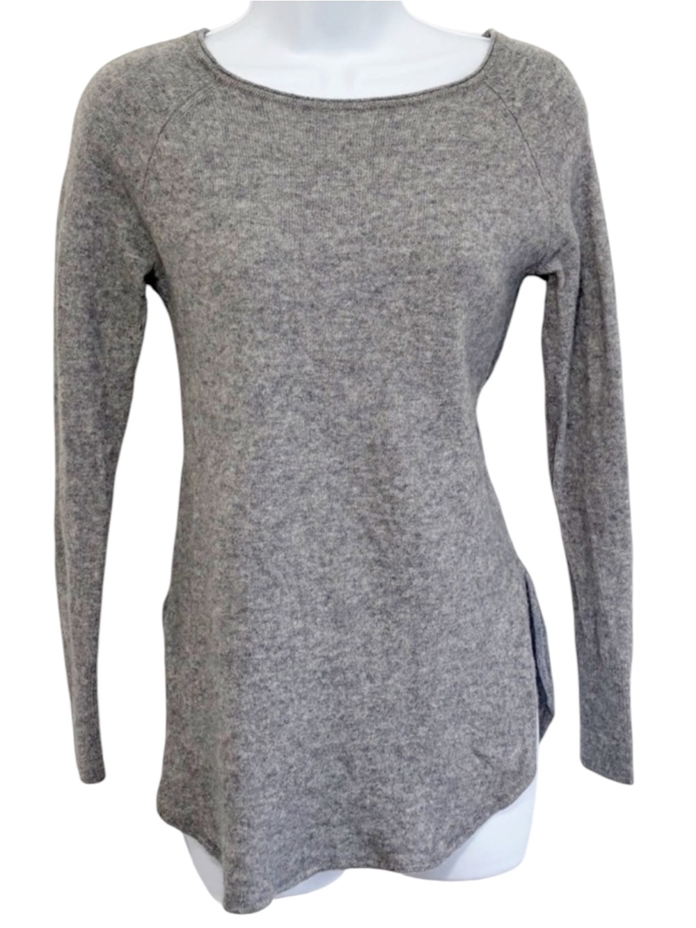 HALOGEN Gray Cashmere Wool Blend Crewneck Sweater Side Slit Longline Small